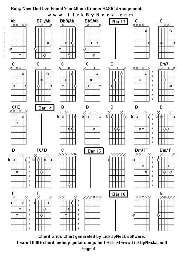 Chord Grids Chart of chord melody fingerstyle guitar song-Baby Now That I've Found You-Alison Krauss-BASIC Arrangement,generated by LickByNeck software.